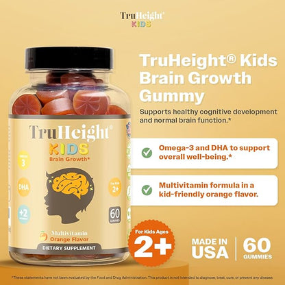 TruHeight Kids Brain Growth Gummies (Ages 2+) All Natural Kids & Toddler Vitamins - Omega-3, DHA Multivitamin - Pediatrician Endorsed Vitamin - Brain & Memory Supplements - Gluten Free Supplement