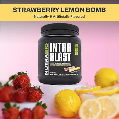NutraBio Intra Blast BCAA EAA Electrolyte and Hydration Powder - Amino Acid Supplement, EAA/BCAA Powder - Non-GMO and Gluten Free - Strawberry Lemon Bomb - 30 Servings