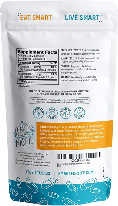 SMART FOR LIFE Potassium Magnesium Supplement – High Absorption Magnesium Complex – 90 Vegan Capsules - Magnesium and Potassium Supplement for Vascular Health, Magnesium for Leg Cramps and Sleep 90 ct