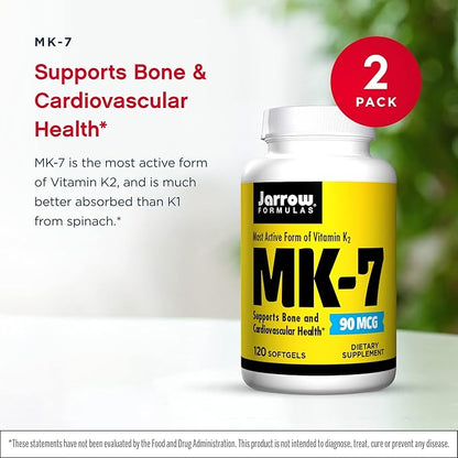 Jarrow Formulas MK-7 90 mcg - 120 Softgels, Pack of 2 - Superior Vitamin K Product for Building Strong Bones - Supports Heart & Cardiovascular Health - 240 Total Servings
