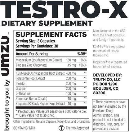 UMZU Testro-X Testosterone Supplement for Men | Support Energy, Strength, Stamina & Healthy T Levels (30 Day Supply | 90 Capsules)