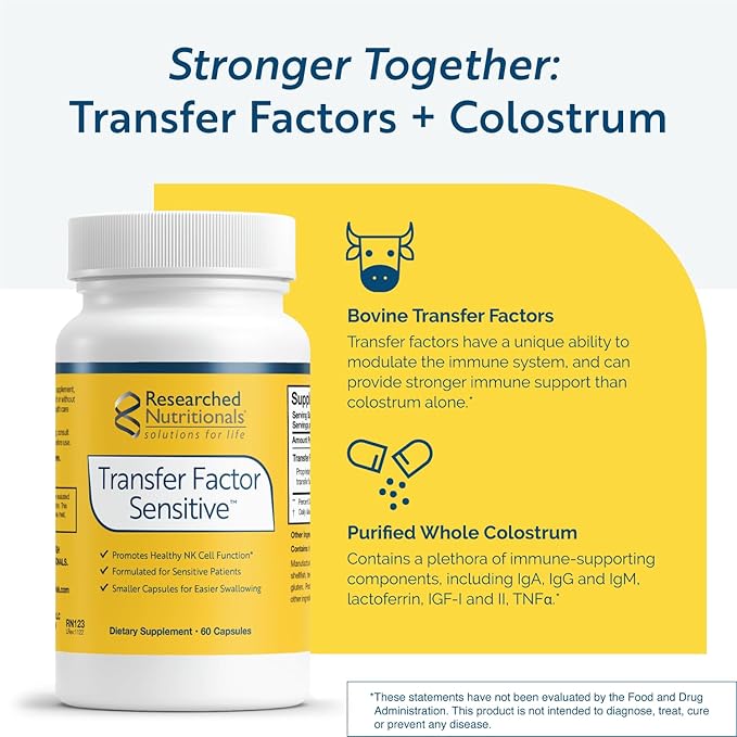 Researched Nutritionals Transfer Factor Sensitive - Immune Support Bovine Derived Transfer Factors & Colostrum Capsules (60 Capsules)
