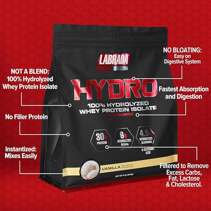 Labrada Hydro 100% Pure Hydrolyzed Whey Protein Isolate Powder, Lactose Free, Glutamine, Fastest Digesting Whey Available, Instant Mixing, Delicious Taste 48 Servings 4lb (Vanilla)