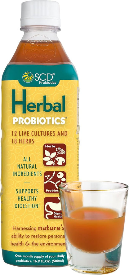 Herbal Probiotics - Bioavailable Liquid Probiotic Supplement, 12 Live Strains incl. Acidophilus, Antioxidants, 18 Herbs incl. Adaptogen Reishi Mushroom - 16.3 fl oz, 30-day supply