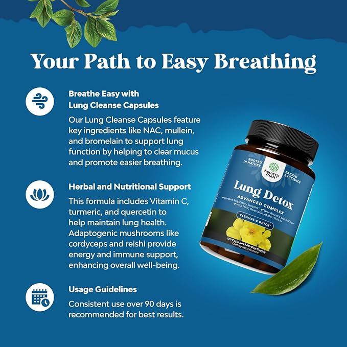 Lung Detox Mullein Leaf Capsules - Purifying Mullein Lung Cleanse Complex with NAC Quercetin & Cordyceps Extracts - Mullein Leaf Herb Respiratory Supplement for Sinus Immunity & Breathing Support