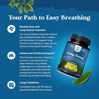 Lung Detox Mullein Leaf Capsules - Purifying Mullein Lung Cleanse Complex with NAC Quercetin & Cordyceps Extracts - Mullein Leaf Herb Respiratory Supplement for Sinus Immunity & Breathing Support