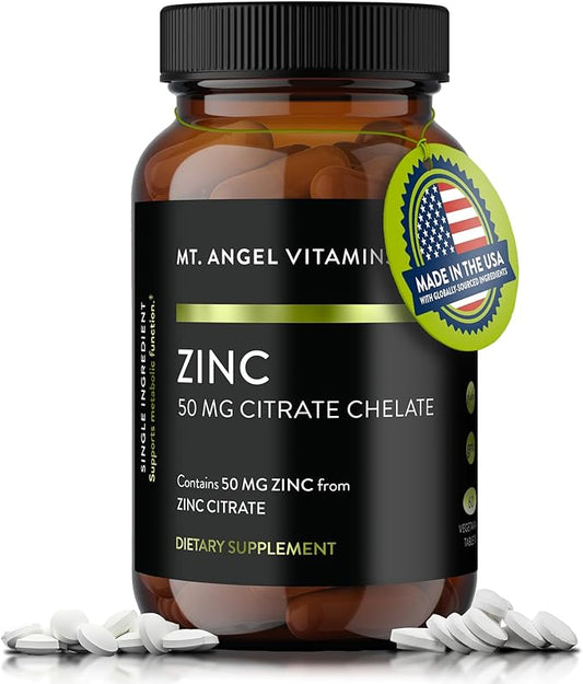 Mt. Angel Vitamins - Zinc Citrate 50mg - Zinc 50 mg Citrate Chelate - Natural Zinc Supplements Made in USA - 60 Vegetarian Tablets