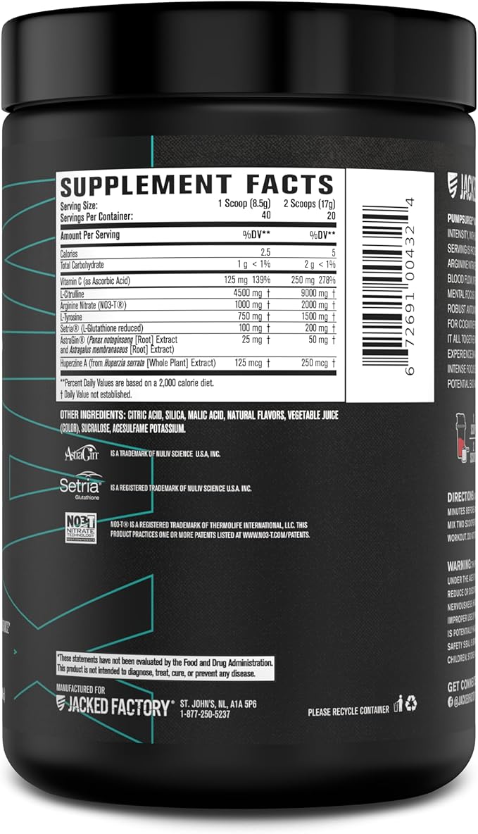 Jacked Factory Pumpsurge Max Stim Free Pre Workout - High-Performance Caffeine Free Pre Workout with L-Citrulline, N03-T Arginine Nitrate & Glutathione - 40 Servings, Cherry Limeade