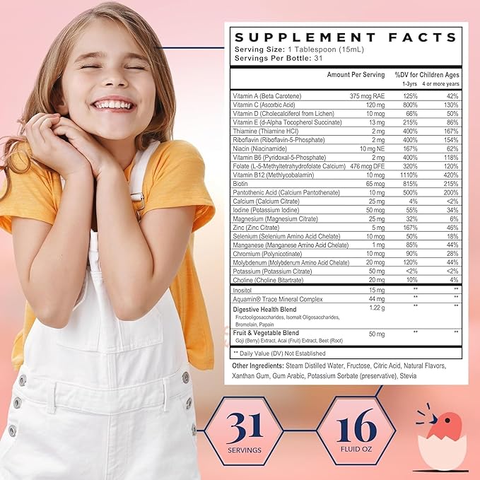 Best Nest Wellness Kids Liquid Multivitamin: Methylated Vitamins, Whole Food, Vegan, B12, Gluten-Free, Non-GMO Methylfolate Daily Liquid Vitamins for Kids with Immune Support -Strawberry Flavor, 16oz