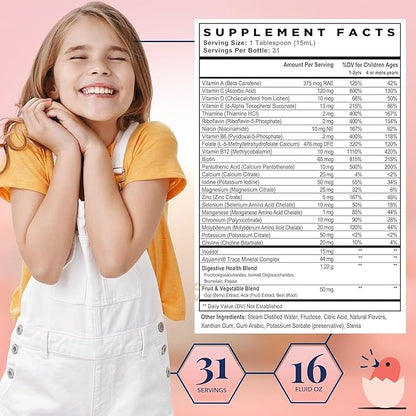 Best Nest Wellness Kids Liquid Multivitamin: Methylated Vitamins, Whole Food, Vegan, B12, Gluten-Free, Non-GMO Methylfolate Daily Liquid Vitamins for Kids with Immune Support -Strawberry Flavor, 16oz