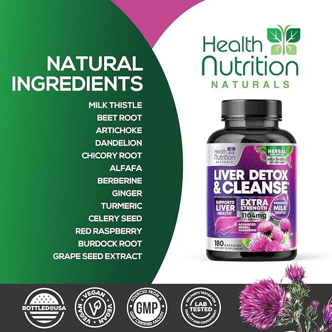 Gentle Liver Cleanse Detox & Repair Formula - Herbal Liver Support Supplement: Milk Thistle with Silymarin, Artichoke Extract, Dandelion, Beet, Chicory Root, & Turmeric for Liver Health - 180 Capsules