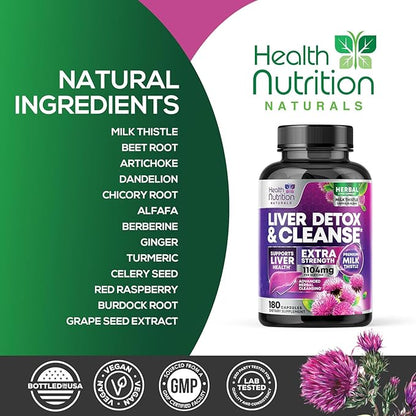 Gentle Liver Cleanse Detox & Repair Formula - Herbal Liver Support Supplement: Milk Thistle with Silymarin, Artichoke Extract, Dandelion, Beet, Chicory Root, & Turmeric for Liver Health - 180 Capsules