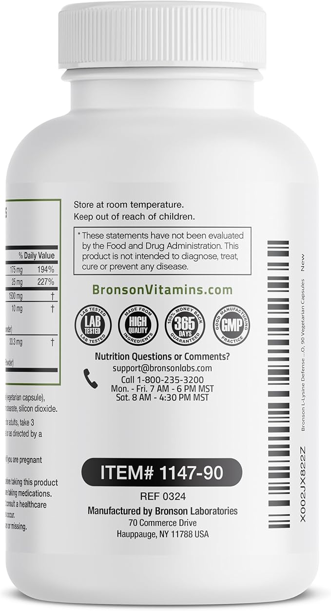 Bronson L-Lysine Defense Immune Support Complex 1500 MG L-Lysine Plus Olive Leaf, Garlic, Vitamin C and Zinc - Non-GMO, 90 Vegetarian Capsules