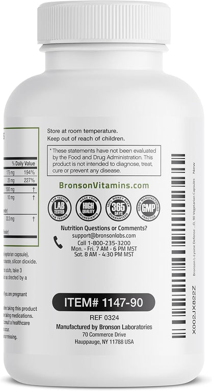 Bronson L-Lysine Defense Immune Support Complex 1500 MG L-Lysine Plus Olive Leaf, Garlic, Vitamin C and Zinc - Non-GMO, 90 Vegetarian Capsules