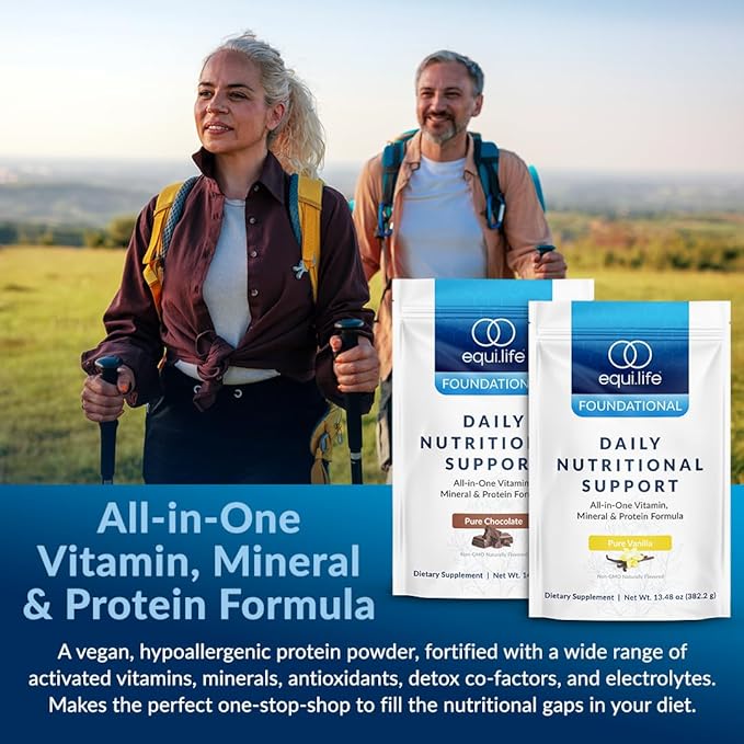 Equilife - Daily Nutritional Support, Organic and Plant Based Protein Powder, All-in-one Multivitamin, May Help Boost Energy and Mood, Gut-Cleansing Aid and Skin Health (Pure Vanilla,14 Packets)