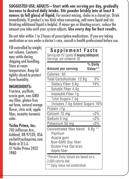 Yerba Prima Orange Daily Fiber Formula 1pound - Non-GMO, Gluten Free, Made in The USA, Delicious Natural Orange Flavor