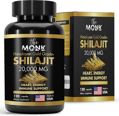 Organic Shilajit with Fulvic Acid, Humic Acid, 85+ Minerals- Gold Grade Plus - Same as Resin - Energy, Stamina, Brain Support - 20,000mg, 120 Capsules - Made in The USA
