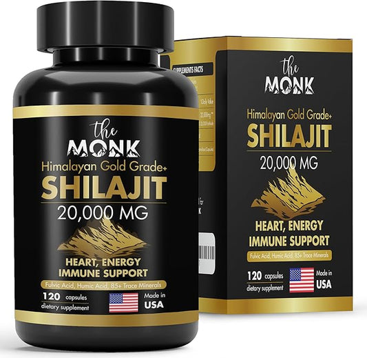 Organic Shilajit with Fulvic Acid, Humic Acid, 85+ Minerals- Gold Grade Plus - Same as Resin - Energy, Stamina, Brain Support - 20,000mg, 120 Capsules - Made in The USA