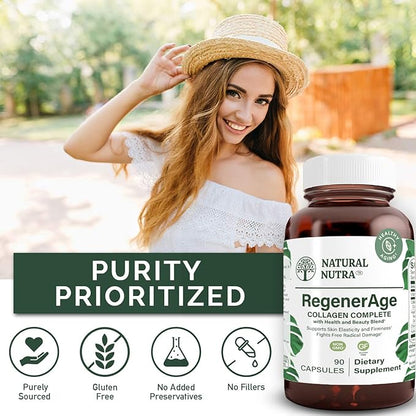 Natural Nutra RegenerAge Complete Supplement for Skin Health with Protein Peptides, Reduce Stretch Marks, Contributes Overall Health, Vitamin C, Grape Seed Red Wine Extract, Gluten Free, 90 Capsules.