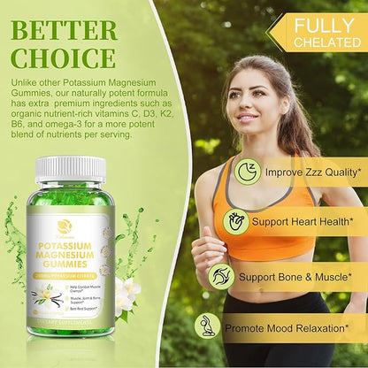 Potassium Magnesium Gummies - High Absorption Magnesium Glycinate 500mg & Potassium Citrate 200mg Plus Omega 3, B6, D3, K2 & Calcium - Chewable Gummy for Leg Cramps, Immunity & Energy - 60 Count