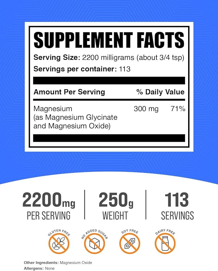 BulkSupplements.com Magnesium Glycinate Powder - Magnesium Bisglycinate, Magnesium Supplement, Magnesium Glycinate 400mg - Gluten Free - 2200mg per Serving, 250g (8.8 oz) (Pack of 1)