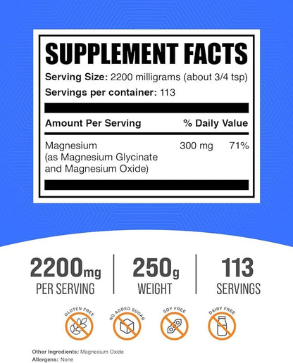 BulkSupplements.com Magnesium Glycinate Powder - Magnesium Bisglycinate, Magnesium Supplement, Magnesium Glycinate 400mg - Gluten Free - 2200mg per Serving, 250g (8.8 oz) (Pack of 1)
