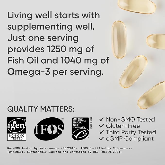 Sports Research Triple Strength Omega 3 Fish Oil - Burpless Fish Oil Supplement w/EPA & DHA Fatty Acids from Wild Alaskan Pollock - Heart, Brain & Immune Support for Men & Women - 1250 mg, 240 ct