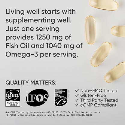 Sports Research Triple Strength Omega 3 Fish Oil - Burpless Fish Oil Supplement w/EPA & DHA Fatty Acids from Wild Alaskan Pollock - Heart, Brain & Immune Support for Men & Women - 1250 mg, 240 ct