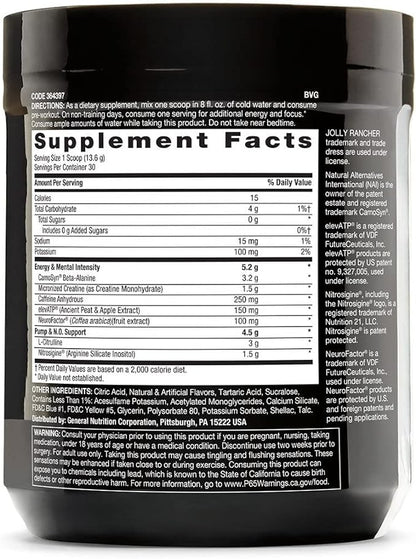 BEYOND RAW LIT | Clinically Dosed Pre-Workout Powder | Contains Caffeine, L-Citrulline, Beta-Alanine, and Nitric Oxide | Jolly Rancher Green Apple | 30 Servings