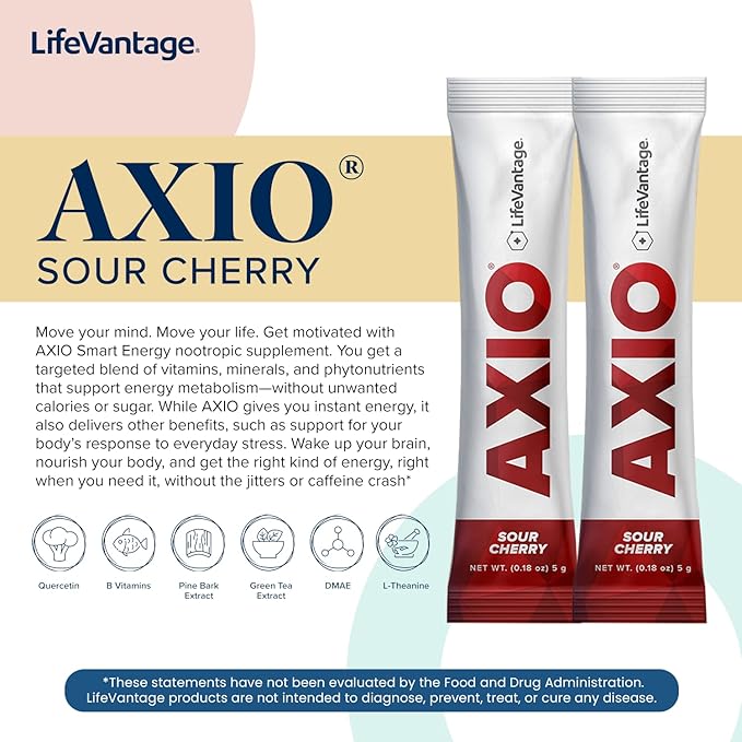 AXIO Regular Energy Drink Powder, Sour Cherry, 30 Packets, Instant Energy Powder, Energy Supplement in a Drink Mix, w/B Vitamins, DMAE, L-Theanine, Quercetin, Green Tea & Pine Bark Extract