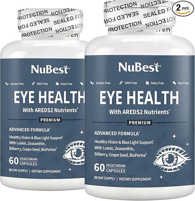 NuBest AREDS 2 Eye Vitamins Eye Health with Beta Carotene Carrot Powder, 20mg Lutein, 4mg Zeaxanthin, Bilberry, Grape Seed, BioPerine, B-Complex, Multivitamin for Eye Health - 120 Vegan Capsules