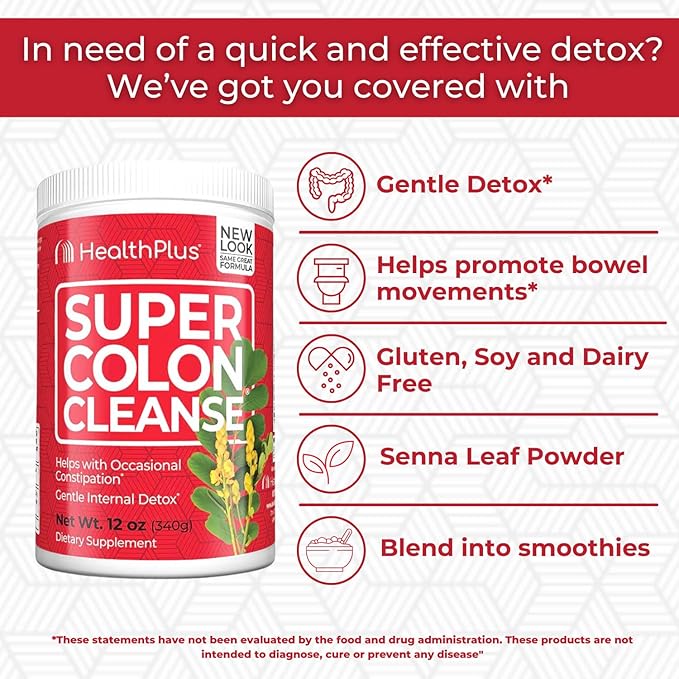 Health Plus Super Colon Cleanse, 12 oz Powder, 68 Servings - Natural Detox, Digestive Constipation Relief, Gentle Gut Cleanse with Psyllium Husk & Senna Leaf