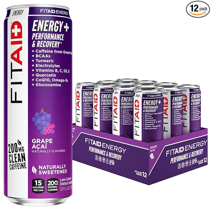 LIFEAID FITAID Energy Grape AÇAI, 200mg Natural Caffeine, Keto, Pre-Workout Performance: BCAAs, Quercetin, Electrolytes, Omega-3s, 15 Calories, Paleo, Vegan & Gluten-Free, 12-oz (Pack of 12)
