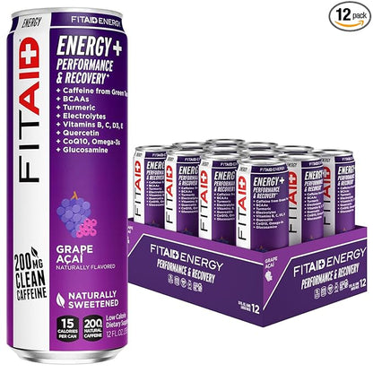 LIFEAID FITAID Energy Grape AÇAI, 200mg Natural Caffeine, Keto, Pre-Workout Performance: BCAAs, Quercetin, Electrolytes, Omega-3s, 15 Calories, Paleo, Vegan & Gluten-Free, 12-oz (Pack of 12)
