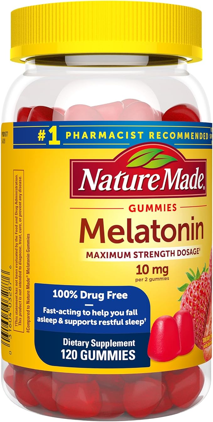 Nature Made Melatonin 10mg per serving Gummies, Maximum Strength Dosage, 100% Drug Free Sleep Aid for Adults, 120 Melatonin Gummies, 60 Day Supply