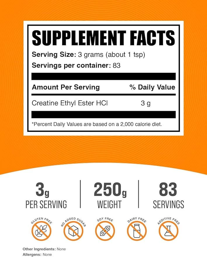 BulkSupplements.com Creatine Ethyl Ester HCl Powder - Creatine Supplement, Creatine Ethyl Ester Powder - Unflavored & Gluten Free, 3g per Serving, 250g (8.8 oz) (Pack of 1)