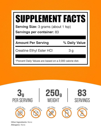 BulkSupplements.com Creatine Ethyl Ester HCl Powder - Creatine Supplement, Creatine Ethyl Ester Powder - Unflavored & Gluten Free, 3g per Serving, 250g (8.8 oz) (Pack of 1)