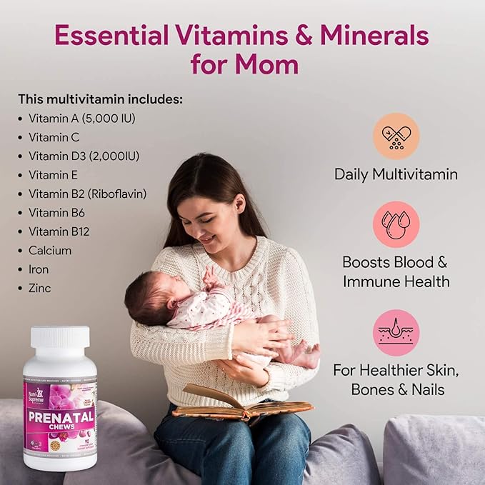 Nutri Supreme Prenatal Vitamin, Chewable Prenatal Vitamins for Women with 800 MCG of Folate, Complete Pregnancy Multivitamin with Iron, Kosher, Cherry Flavor, 90 Count