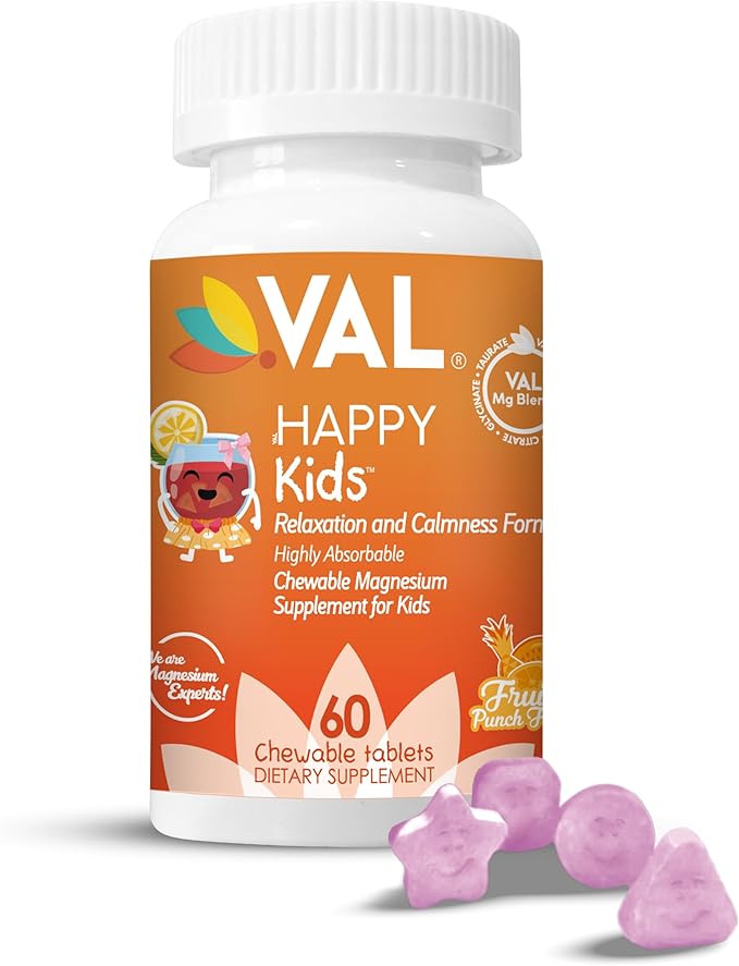 Chewable Magnesium for Kids, Relaxation and Calm Formula, Glycinate, Citrate, Taurate, Vitamin B6, D, C, Natural Fruit Punch Flavor, Sugar Free, Gluten Free, Non-GMO, 60 Chewable Tablets