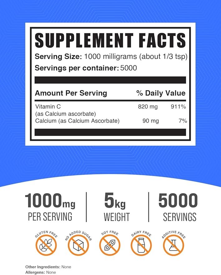 BulkSupplements.com Calcium Ascorbate Powder - Buffered Vitamin C, Calcium Supplement Powder, Vitamin C Supplement - Gluten Free, 1000mg per Serving, 5kg (11 lbs) (Pack of 5)