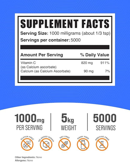 BulkSupplements.com Calcium Ascorbate Powder - Buffered Vitamin C, Calcium Supplement Powder, Vitamin C Supplement - Gluten Free, 1000mg per Serving, 5kg (11 lbs) (Pack of 5)