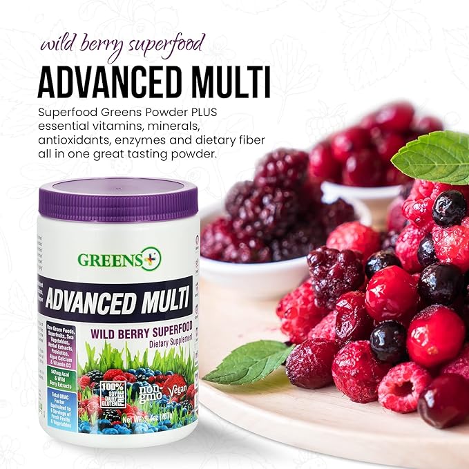 Greens+ Advanced Multi Wild Berry Superfood Powder, Organic Healthy Blend for Morning Vitality, Nutrition, Vibrant Health, Dietary Supplement, Vitamins & Minerals, Vegan, Soy/Dairy/Gluten Free(9.4oz)