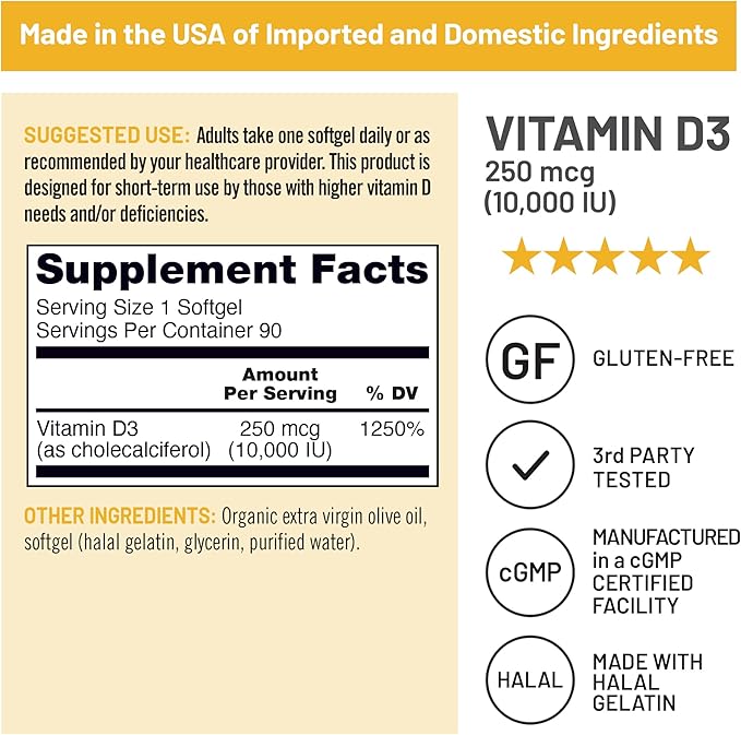 NatureWise Vitamin D3 10,000IU (250 mcg) Extra Strength for Healthy Muscle Function and Immune Support, Non-GMO, Gluten Free in Organic Extra Virgin Olive Oil, Softgel, 90 Count[3-Month Supply]