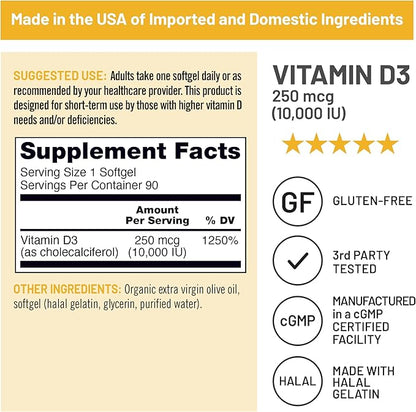 NatureWise Vitamin D3 10,000IU (250 mcg) Extra Strength for Healthy Muscle Function and Immune Support, Non-GMO, Gluten Free in Organic Extra Virgin Olive Oil, Softgel, 90 Count[3-Month Supply]