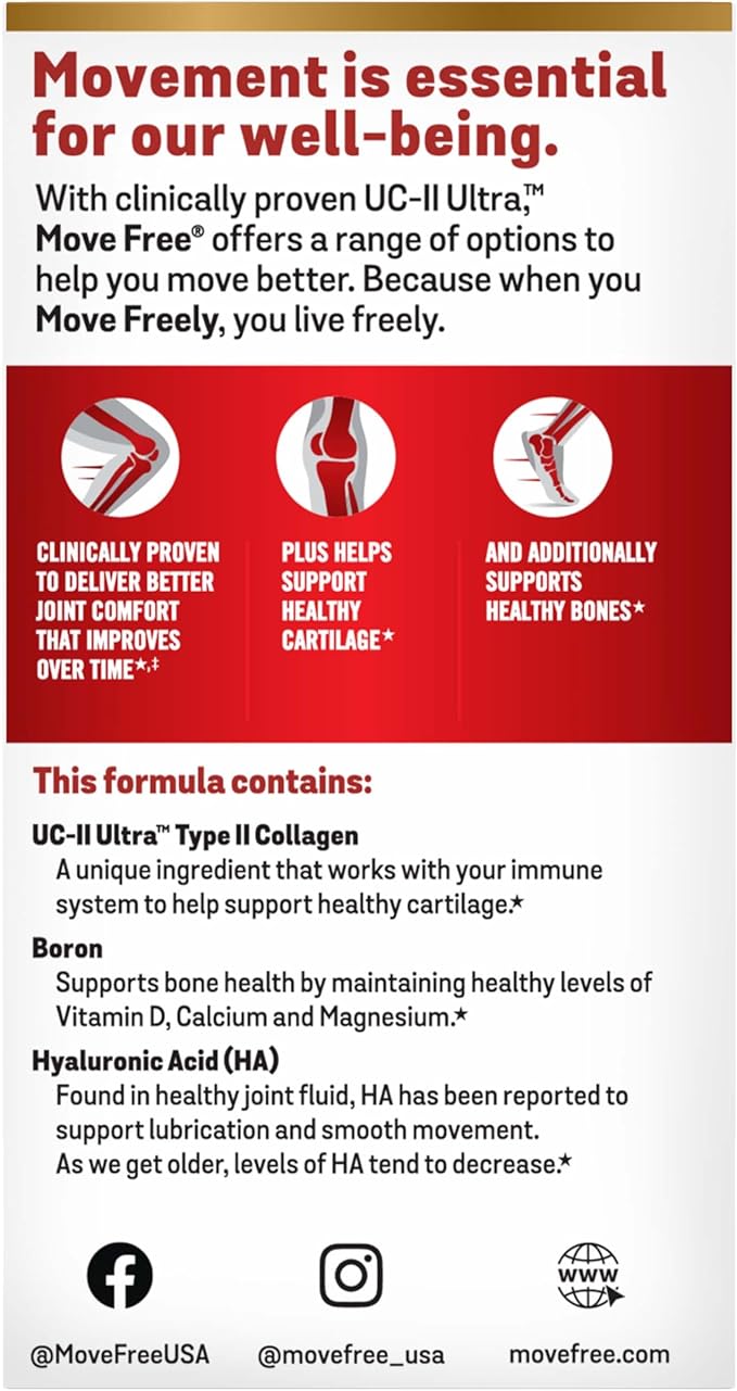 Move Free Ultra Triple Action Joint Support Supplement - Type II Collagen Boron & Hyaluronic Acid - Supports Joint Comfort, Cartiliage & Bones in 1 Tiny Pill Per Day, 64 Tablets (64 servings)*