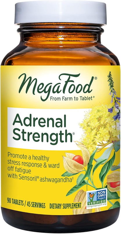 MegaFood Adrenal Strength - Sensoril Ashwagandha, Vitamin C, fermented Magnesium Glycinate, Rhodiola Rosea, Reishi Mushroom & Food Blend - Supports a Normal Stress Response - 90 Tabs (45 Servings)
