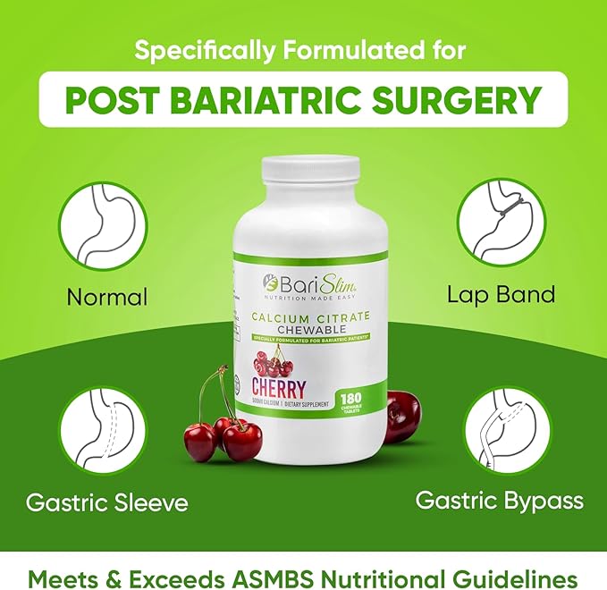 BariSlim Bariatric Calcium Citrate with Magnesium & Vitamin D Tabs - 500mg Calcium Citrate - Formulated for Post Weight Loss Surgery - Supports Bone Health | Cherry