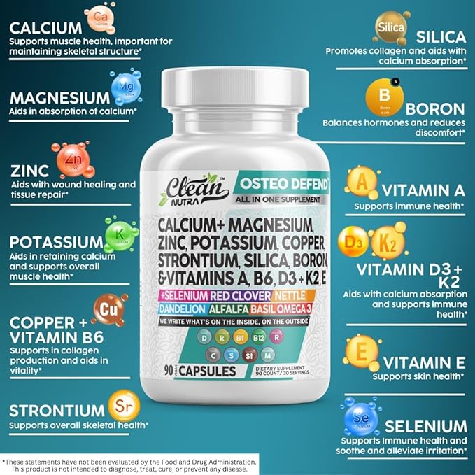 Calcium Magnesium Zinc Supplement with Potassium, Copper, Strontium, Silica, Vitamin D3 K2, Boron, Vitamin B1 B12 Red Clover Herb Alfalfa Basil Pills for Men and Women Clean Nutra Osteo Defend