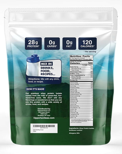 Opportuniteas Grass Fed Whey Isolate Protein Powder - Unflavored 28g Protein Powder Without Artificial Sweeteners, Hormone-Free Cows, Non GMO - 2.5lb