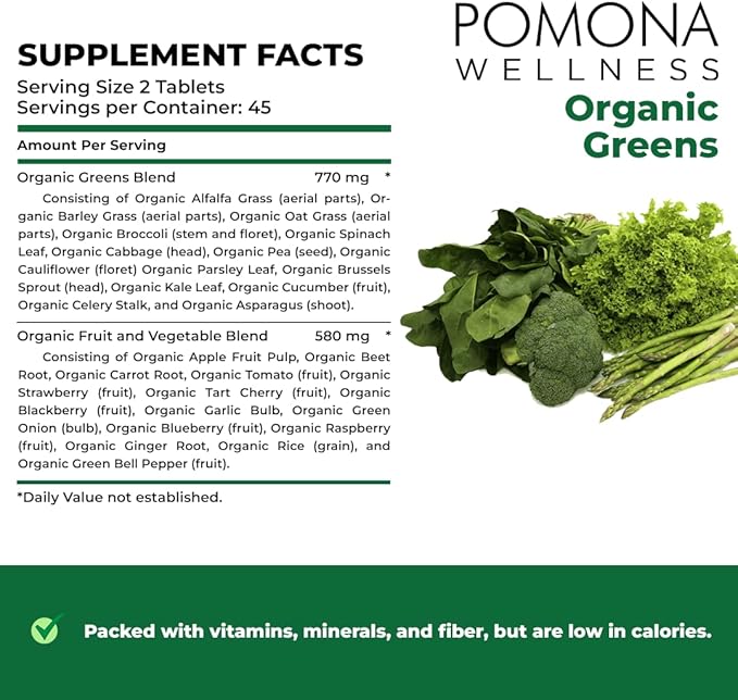 Pomona Wellness Super Greens Supplement, Full Of Superfood Vitamins & Minerals, Fruits & Vegetable, Greens Powder for Bloating and Digestion, Gut Health, USDA Organic, Non-GMO, 120 Tablets